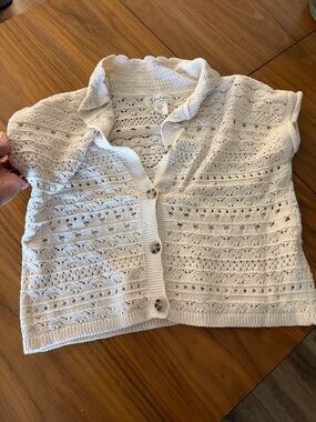 Cream Openwork Knit Short-Sleeve Cardigan Sweater